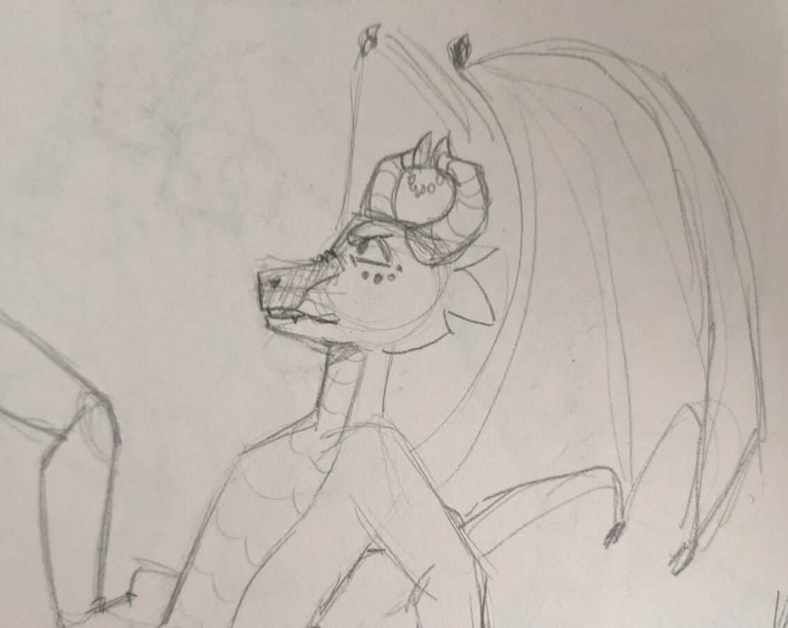 Half-body pencil sketch of Noc being threatened, 2021?