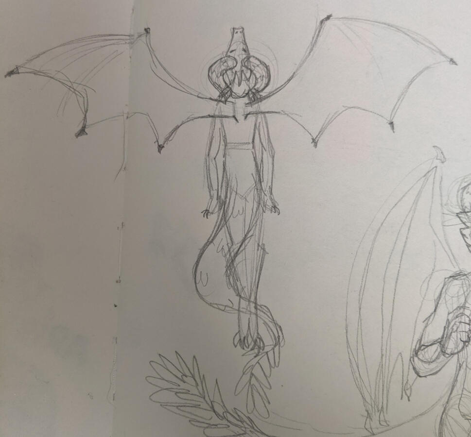 Full-body pencil sketch of Noc from above with wings out, 2021?